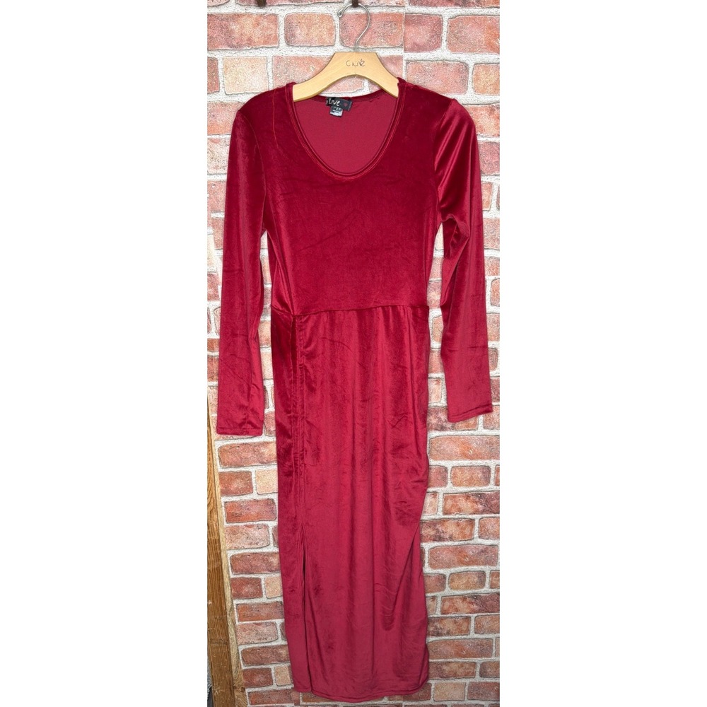 Love Red Velvet‎ Midi Dress Womens Large Long Sleeve Scoop Neck Side Slit Ruched